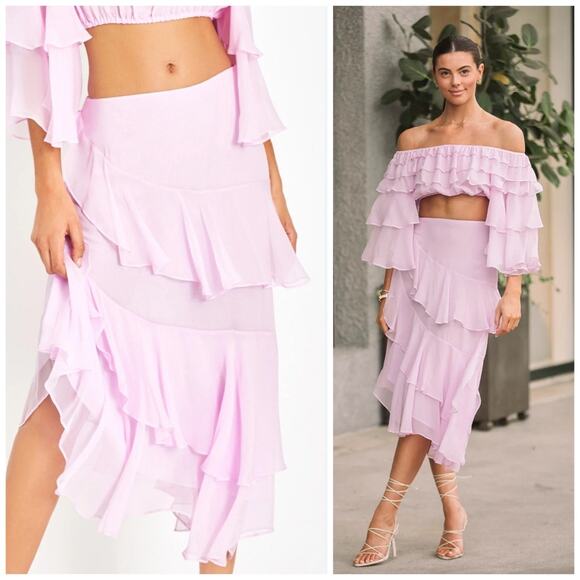 NWT Loveshackfancy Dasher Skirt Soft Iris Pink Ruffle Asymmetric $475 Sz 6 - Picture 1 of 11